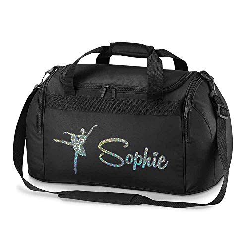 Personalised School Dance Gymnastic Shoulder Bag Holdall with Silver Sparkle Ballerina Motif