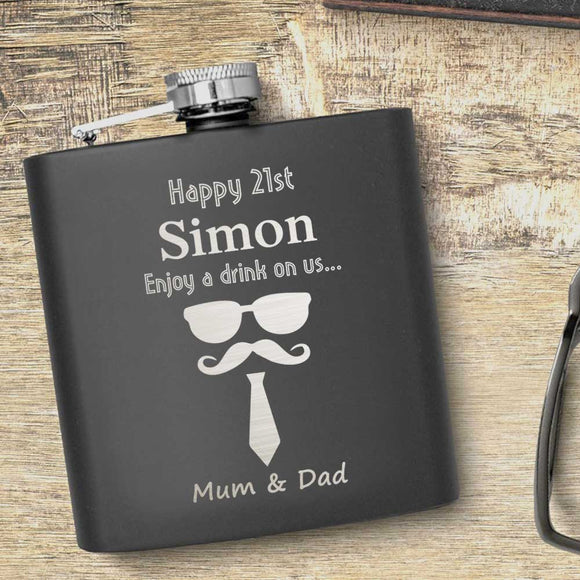 21st Birthday Glasses Tash And Tie Motif Hip Flask