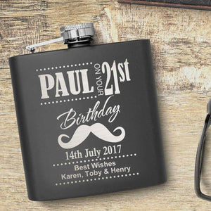 21st Birthday Moustache Motif Personalised Hip Flask