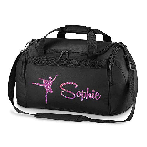 Personalised School Dance Gymnastic Shoulder Bag Holdall with Pink Sparkle Ballerina Motif