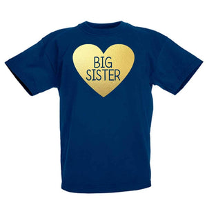 Girls Fun Big Sister Gold Heart Motif Fuchsia T-Shirt