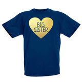 Girls Fun Big Sister Gold Heart Motif Navy Blue T-Shirt