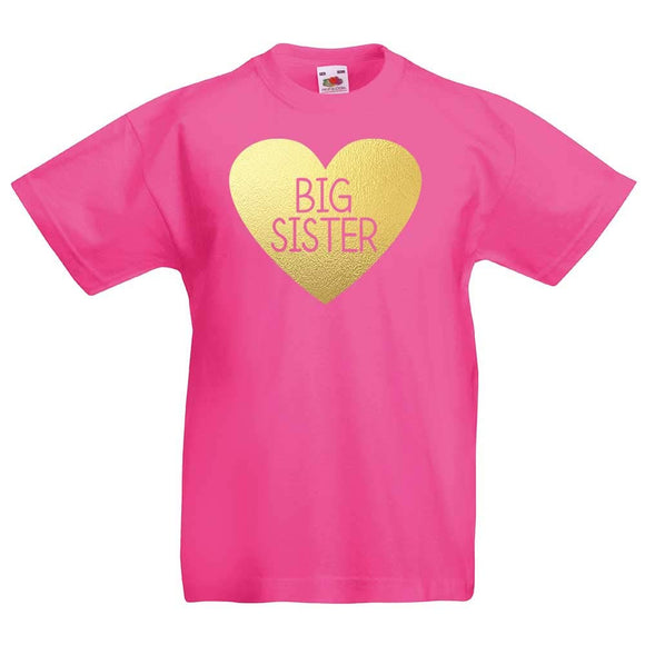 Girls Fun Big Sister Gold Heart Motif Fuchsia T-Shirt