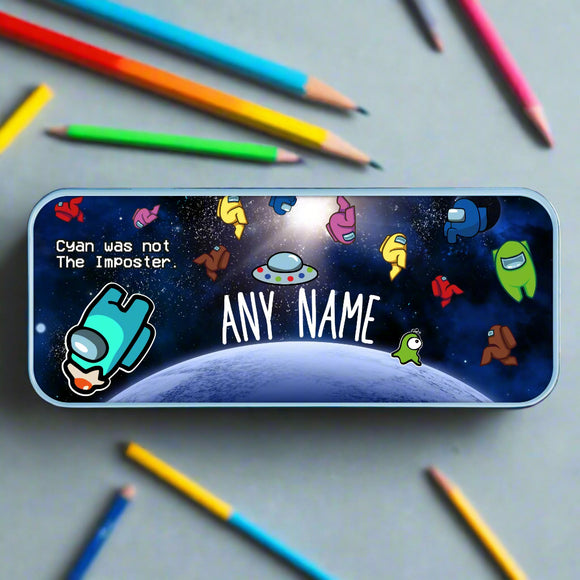 Among Us personalised pencil tin Cyan is not the imposter space design blue