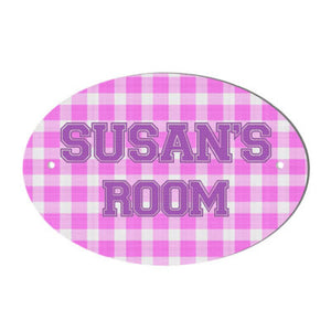 Pink Gingham design personalised door name plaque
