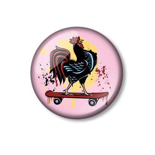 Skateboarding Cockerel 25mm Pin Backed Button Badge